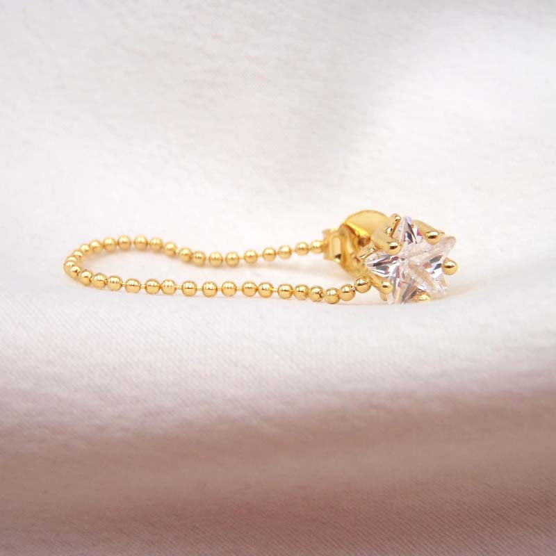 Boucle d'oreille chaîne perlée & étoile zircon argent 925 plaqué or